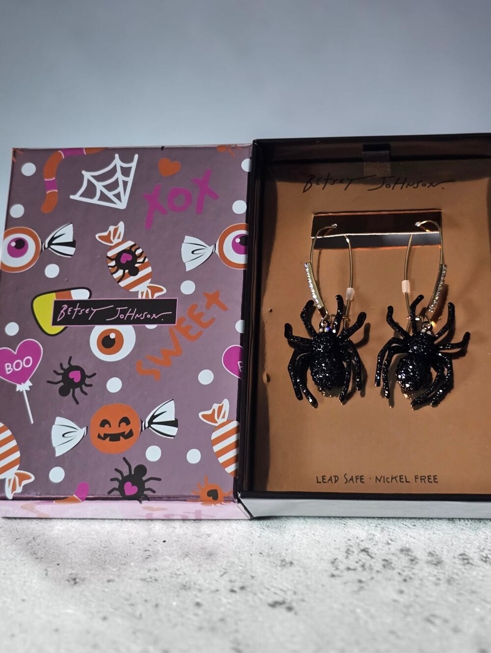 Betsey Johnson Black Rhinestone Spider Drop Earrings Halloween New